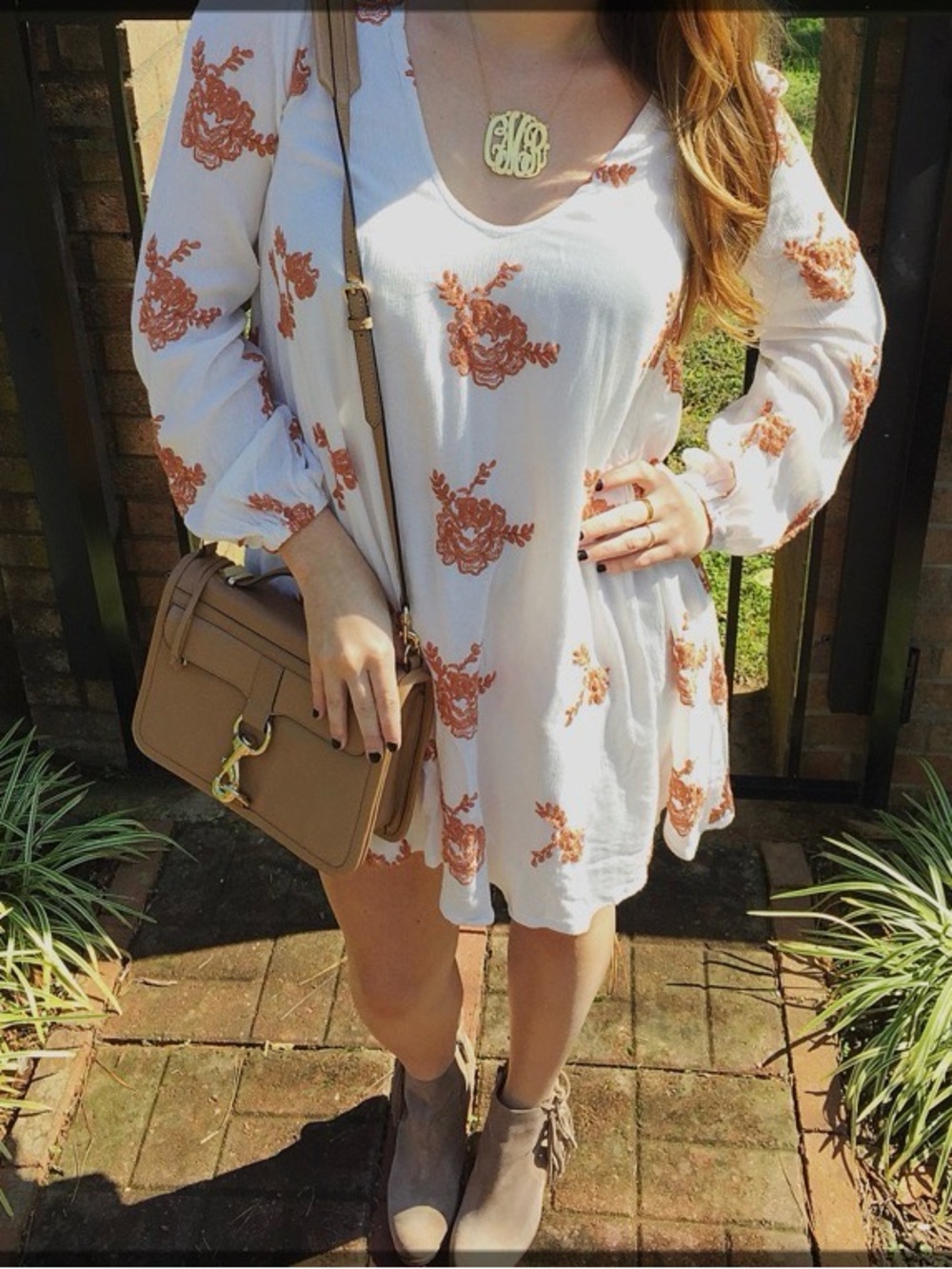Free People White Mini Dress with Rust Floral Embroidery Accents